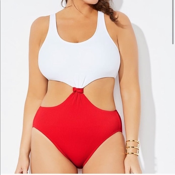 Gabifresh x Swimsuits For All Ribbed Monokini White Red 10D/DD NWT - Picture 7 of 14
